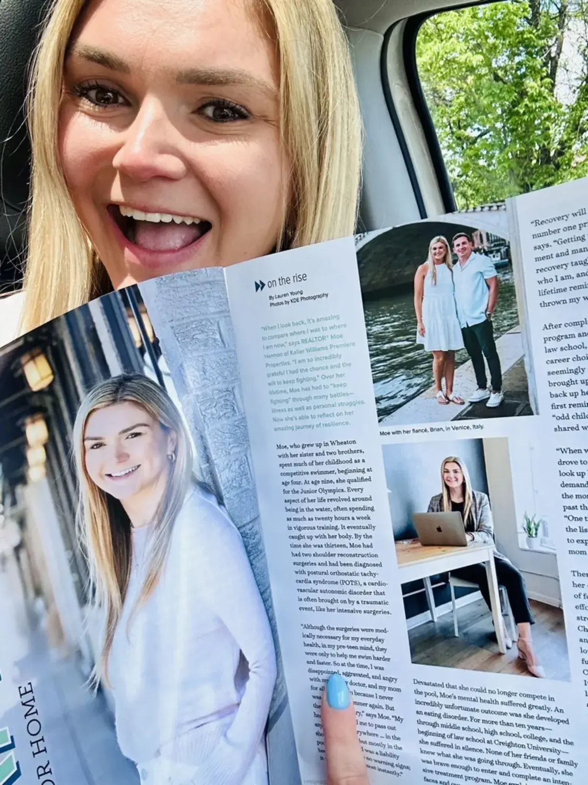 Moe Hannon holding the magazine feature written about her work